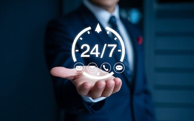 Customer support concept with businessman holding 24/7 service icon and communication symbols
