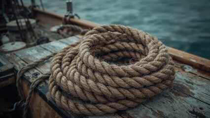 A thick, coiled rope on a wooden boat deck near water. Marine equipment and nautical setting. The image highlights the use of ropes in maritime activities.