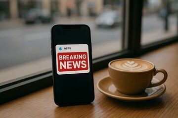 Breaking News Alert on Smartphone with Coffee in a Cafe