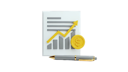 3D financial growth chart with dollar coin and pen