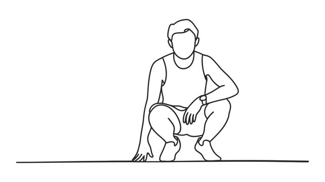 A man in a tank top and shorts performing a deep squat exercise with hands on the ground