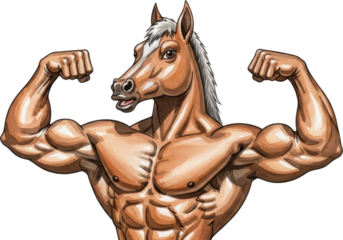 Muscular horse flexing its muscles in a powerful pose isolated on transparent background