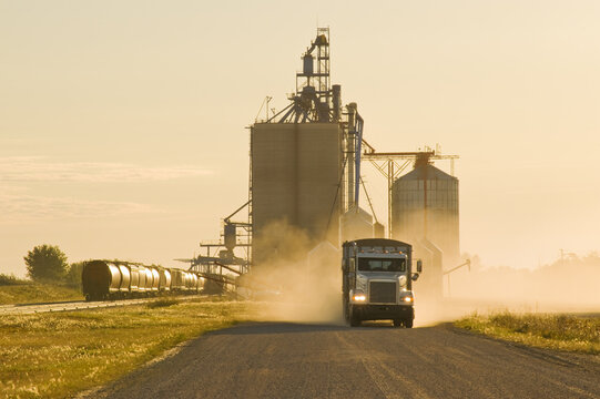 a truck leaves an inland grain terminal after hauling grain, near Humboldt, Saskatchewan, Canada