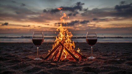 Two glasses of wine and a campfire on the beach at sunset. Relaxation and evening gathering, leisure, outdoor, nature, and social interaction.