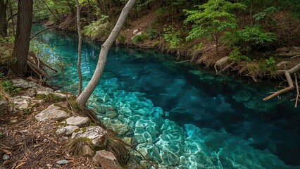 A clear blue river flowing through a lush green forest with trees and rocks along the banks.
