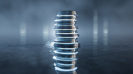 A sleek digital coin tower with glowing blue lines reflecting on a dark surface in a futuristic setting with a misty background with technology