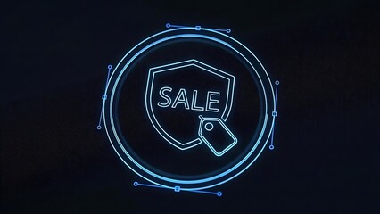Blue neon sale shield with tag on dark background