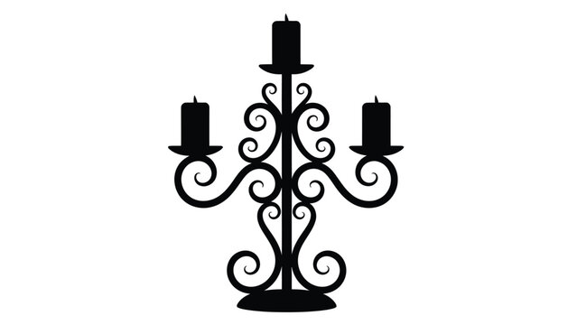 Black silhouette of a three-armed candelabra with curly metalwork isolated on white background