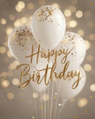 Elegant Birthday Greeting Card with White and Gold Balloons Design