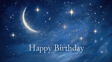 Happy Birthday Greeting with Moon and Stars in Night Sky Theme