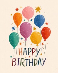 Colorful Happy Birthday Card with Balloons and Stars Illustration