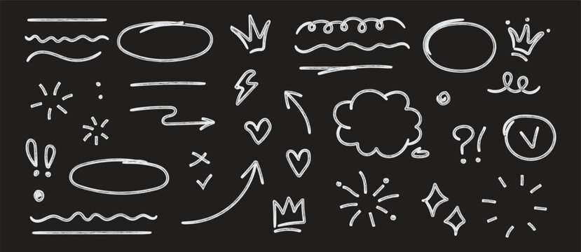 Hand drawn simple doodle elements. Grunge underlines, icons, emphasis, speech bubbles, arrows and shapes collection. Vector illustration.