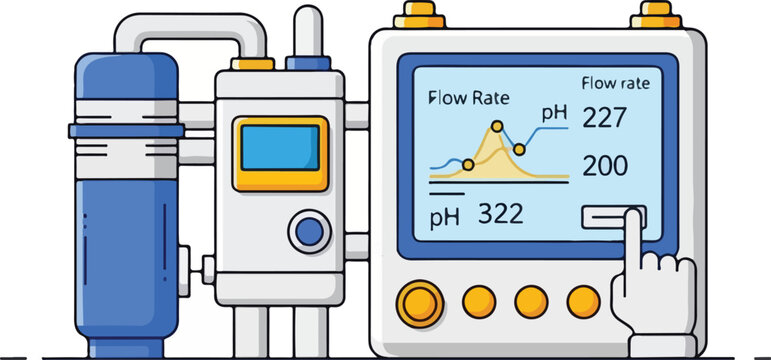 Water purification system with digital display showing flow rate and pH levels controlled by a human hand.