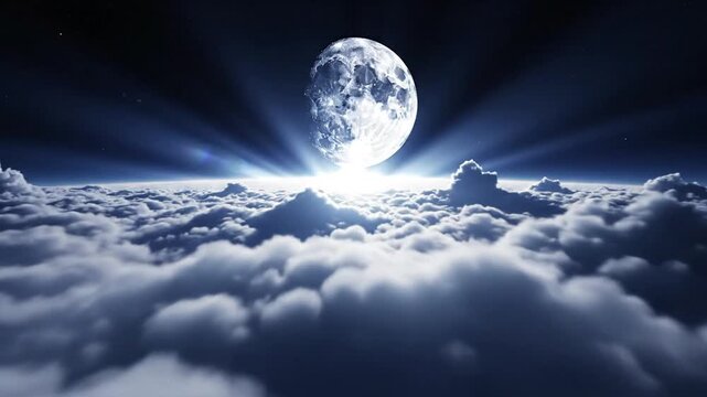 Moon rises above a dense sea of clouds, bright cratered disk against a starry night sky of moonlight