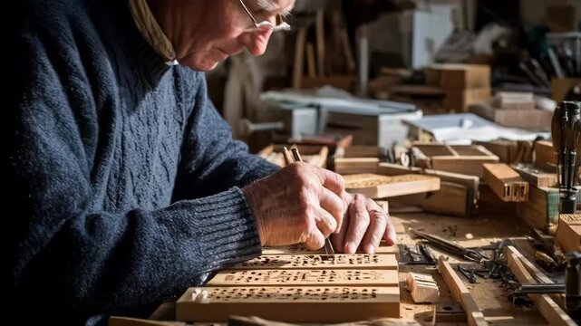 A craftsman delicately engraving a wooden pet memorial plaque capturing the essence of personalized remembrance with natural textures and warm tones.
