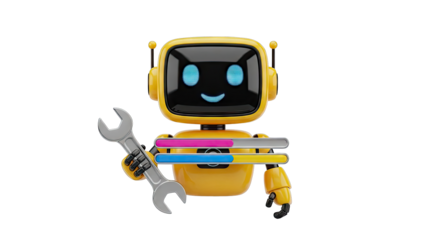 Cute Yellow Robot with Wrench and Progress Bars