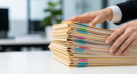 Hands organizing a stack of labeled files on a desk in an office environment during daytime