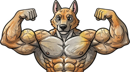 Muscular cartoon wolf showing off muscles isolated on transparent background