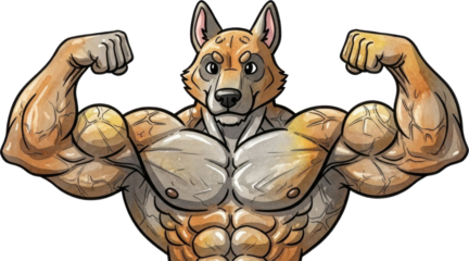 Muscular cartoon wolf showing off muscles isolated on transparent background