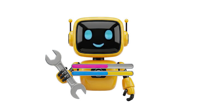 Cute Yellow Robot with Wrench and Progress Bars