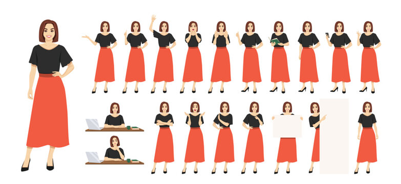 Large collection of young businesswoman character in skirt with various poses and gestures, standing and sitting at office desk. Isolated vector illustration