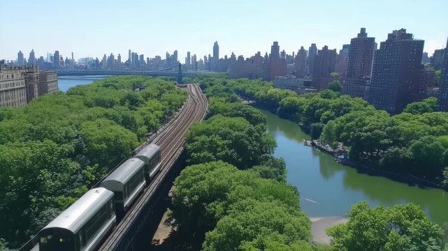 Aerial view capturing New York skyline alongside lush greenery and train tracks during a clear day, Aerial drone footage of New York skyline along 42nd street canyon, with pull back camera motion