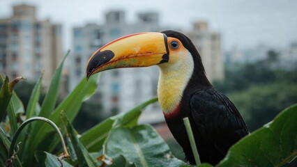 Obraz premium Tropical toucan bird perched among green leaves with city buildings in the background.