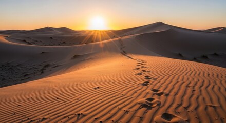 Footprints ascend a massive, wind-swept sand dune toward the brilliant, golden sunrise casting long shadows across the rippled, orange desert landscape during a tranquil morning expedition.