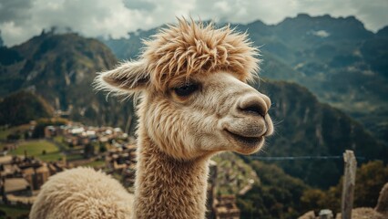 Obraz premium Close-up of an alpaca with mountainous landscape in the background. Countryside and nature scene. Livestock and farm animals. The image of an alpaca in a rural setting.