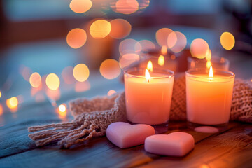 Romantic cozy valentine atmosphere, candles, hearts, warm light, Valentine mood and cozy atmosphere