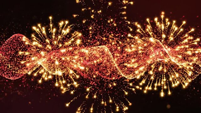 Abstract motion graphic loop of dynamic red and golden particles forming stylized festive patterns perfect for a holiday corporate background texture, light, geometric