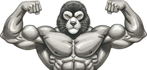 Muscular cartoon panther flexing muscles isolated on transparent background