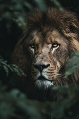 Fototapeta premium Majestic Lions Intense Gaze Emerging from Lush Green Foliage.