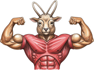 Strong and muscular cartoon goat flexing its muscles isolated on transparent background