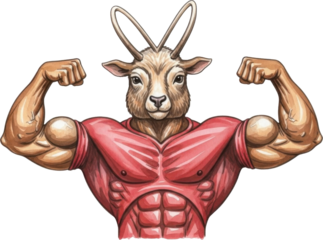 Strong and muscular cartoon goat flexing its muscles isolated on transparent background