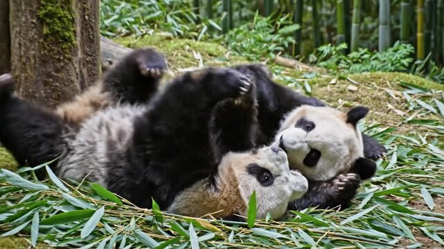 Giant panda resting on leafy ground amid fallen bamboo in a dense bamboo forest. Calm, serene mood.