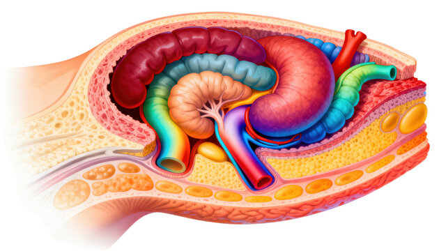 Anatomical diagram focusing on the spatial relationship between visceral and subcutaneous fat around internal organs using vibrant color gradients to enhance visual learning in
