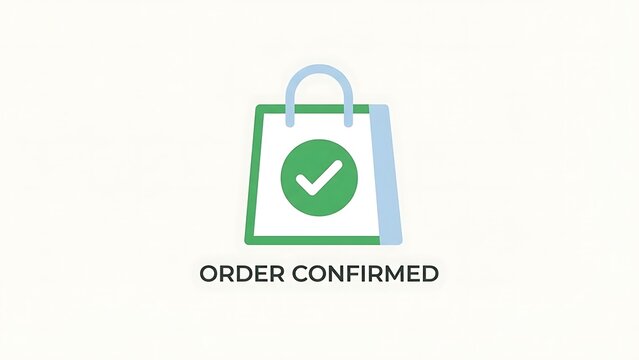 Green shopping bag with white checkmark on green circle and order confirmed text ecommerce confirmation symbol