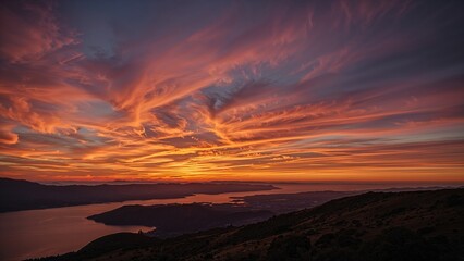 Sunset sky with colorful clouds over a landscape with water and hills.
