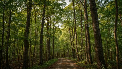 Obraz premium A forest trail surrounded by tall trees with green leaves on a sunny day.