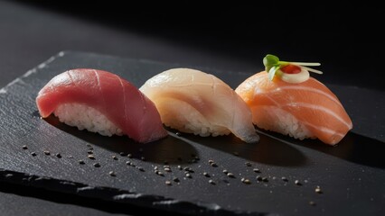 Three Nigiri Sushi Pieces with Tuna, Halibut, and Salmon on Black Slate Plate