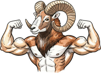 Muscular cartoon ram flexing muscles isolated on transparent background