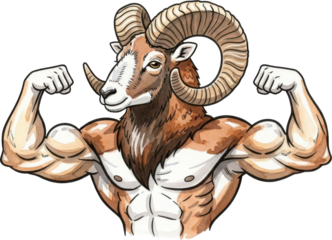 Muscular cartoon ram flexing muscles isolated on transparent background