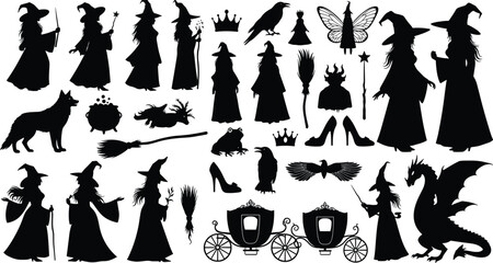 Mystical witch silhouette collection with magic wand broom raven crown fairy carriage dragon fantasy halloween vector illustration set © astroDev