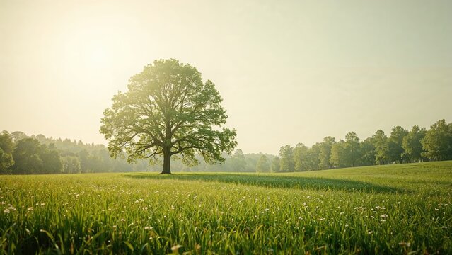 A solitary tree in a green field during sunrise or sunset. Natural landscape scene with sunlight and open space. - Powered by Adobe