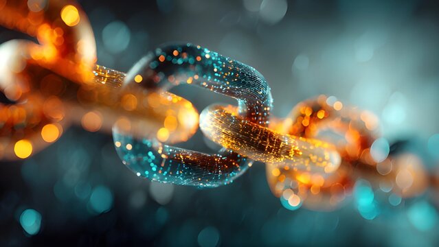 Digitize interconnected AI automation chain links innovative, data security technology, authenticity,. Access metal chain with glowing digital data, self exercuting, networking blockchain technology.
