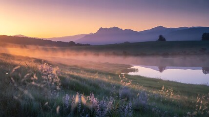 misty meadow, serene landscape, tranquil lake, mountain range, golden hour, soft lighting, atmospheric, dreamlike, peaceful, nature photography style
