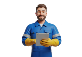 3d mechanic holding a tablet isolated on transparent background