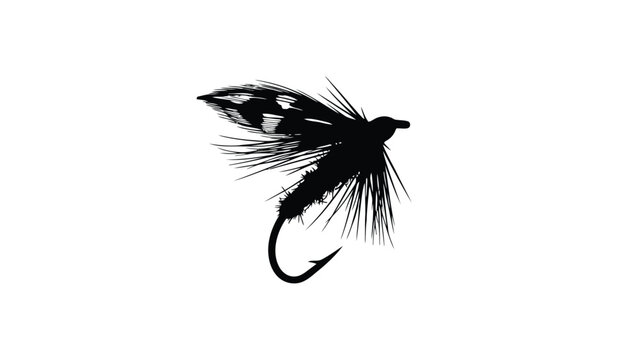 Black silhouette of a fishing fly isolated on white background