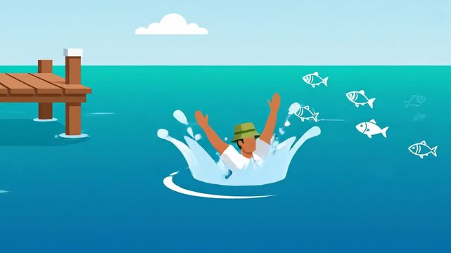 Carefree Summer: Animated Man Jumping Into Water With Abundant Fish Cartoon Style Video
